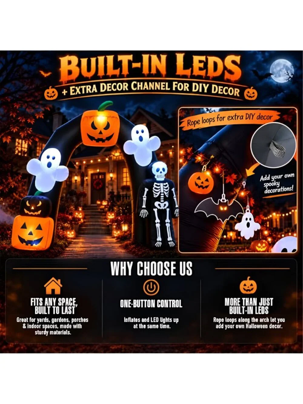 8FT Halloween Inflatable Archway with Pumpkin & Ghost, Built-in LED